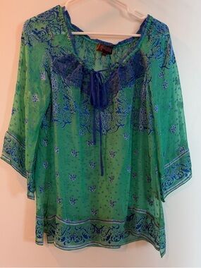 Hale Bob Green and Blue Boho Tie-Neck Tunic